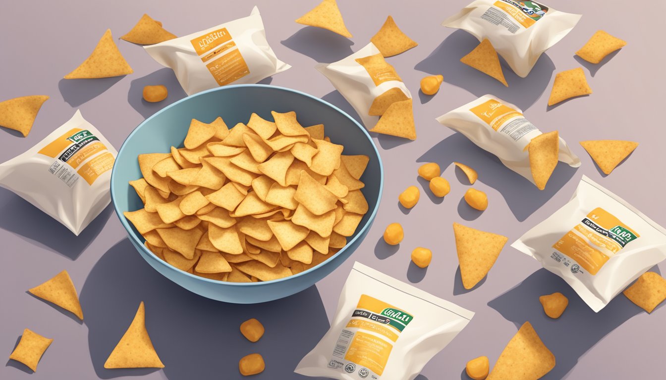 A bowl overflowing with Kibo chickpea chips, surrounded by empty bags