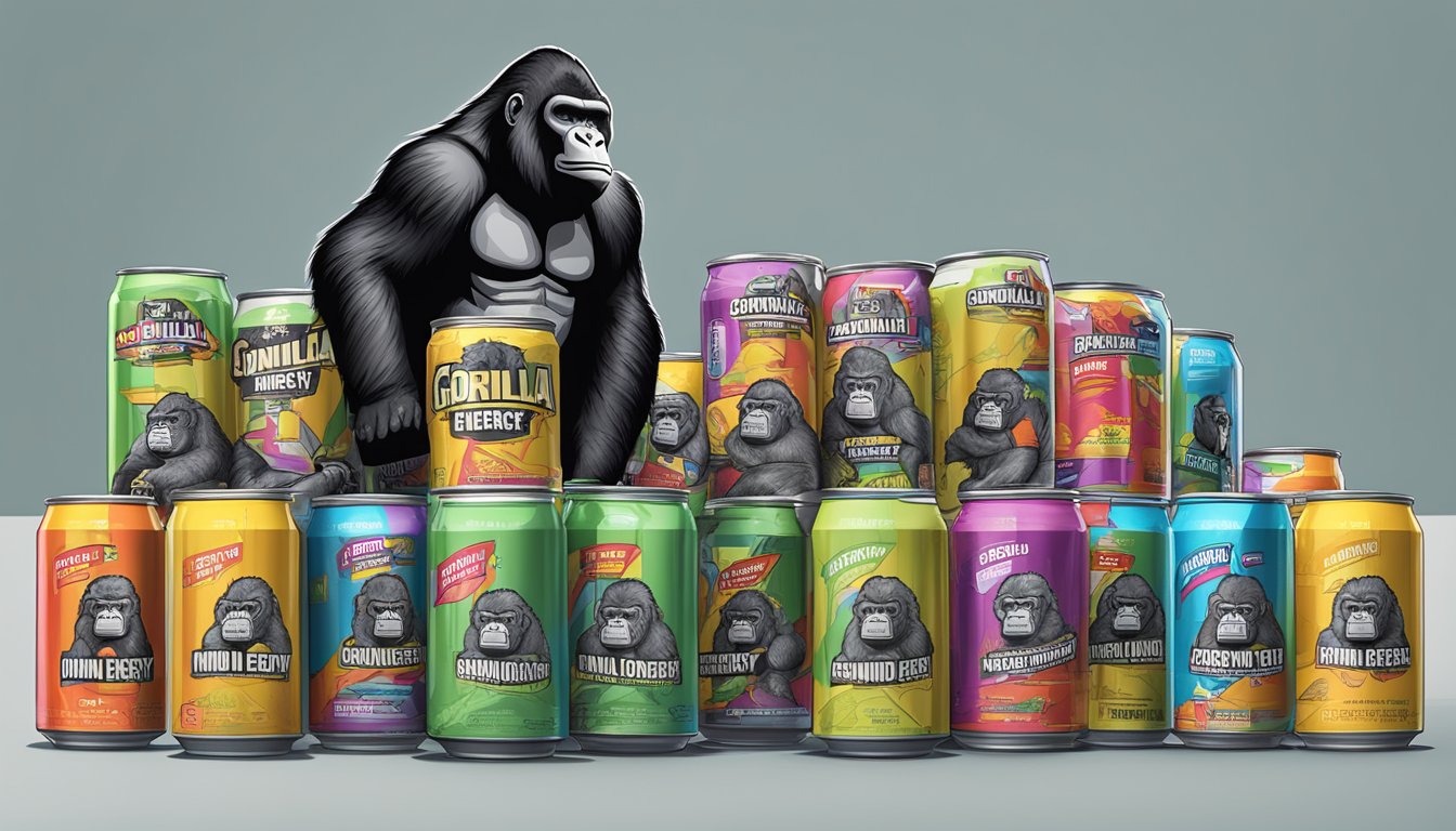 A pile of empty Gorilla Mind Energy Drink cans stacked up, surrounded by discarded cans and a warning label