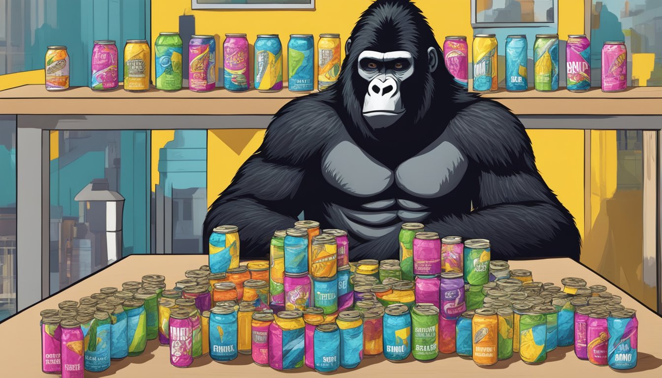 A table with multiple empty cans of Gorilla Mind Energy Drink, surrounded by scattered energy drink bottles and a person looking unwell