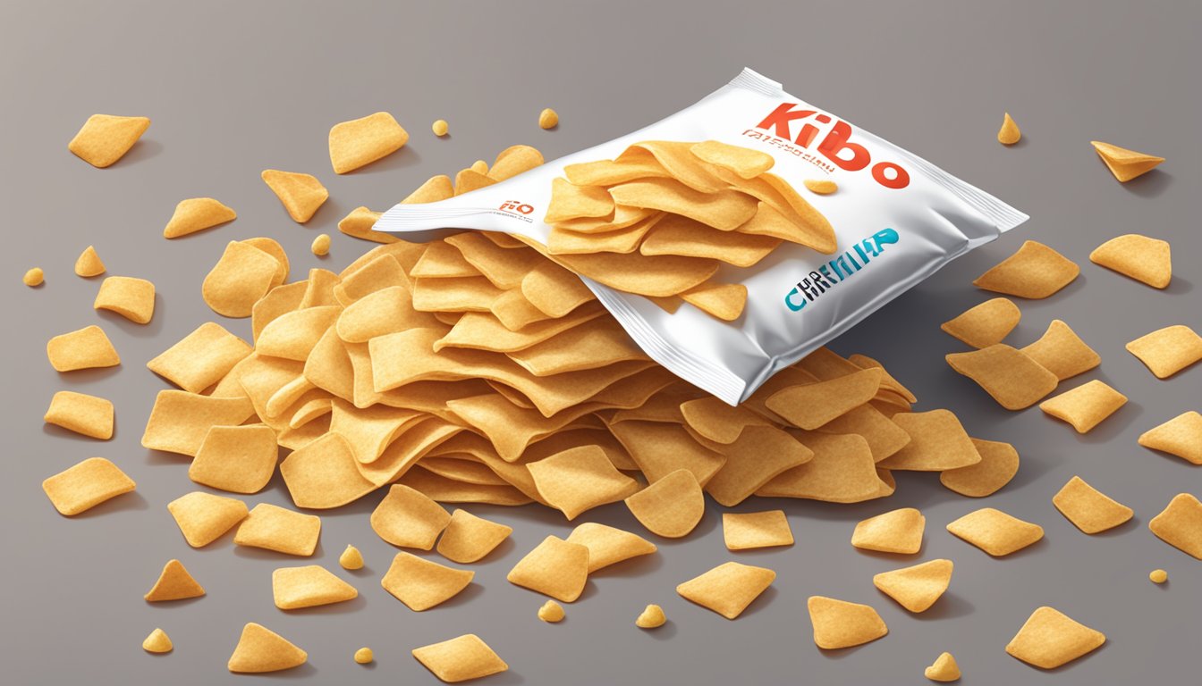 A pile of empty Kibo chickpea chip bags stacked high, surrounded by scattered chips on a table