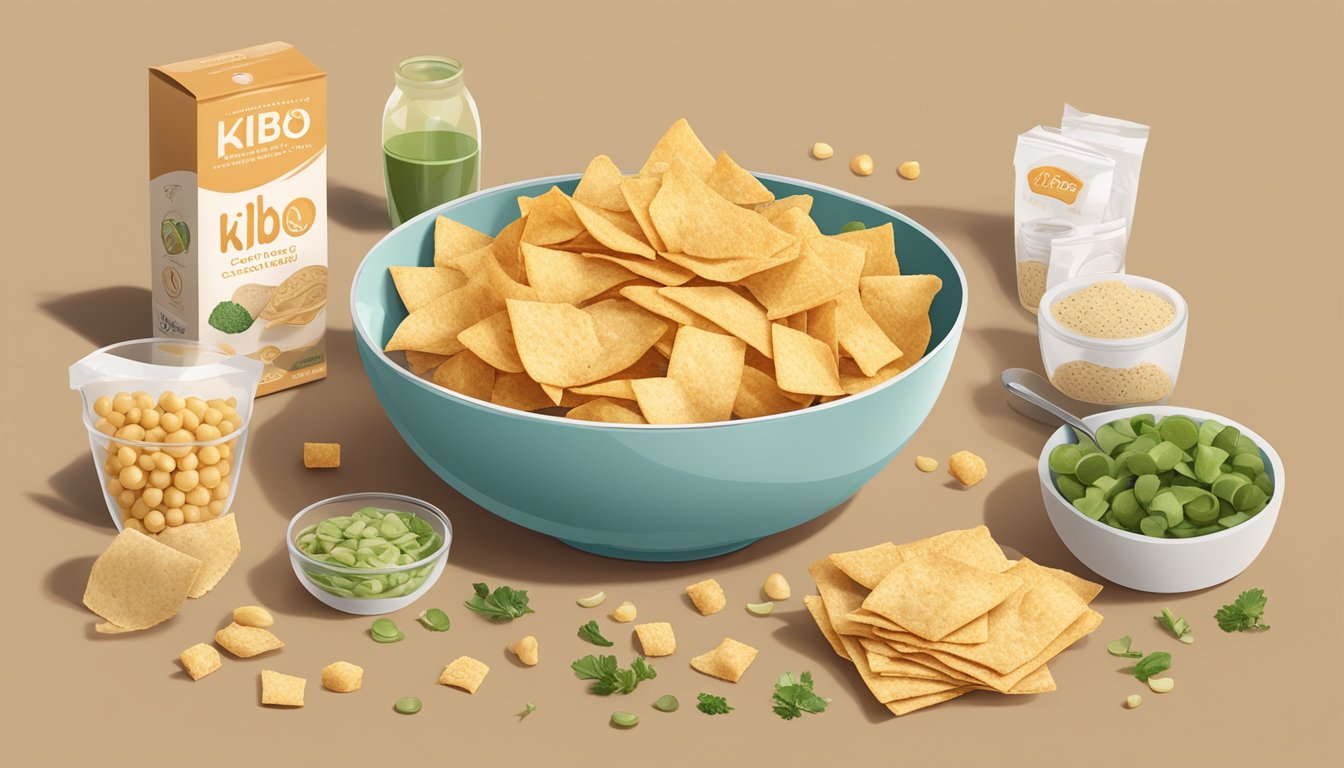 A bowl of Kibo chickpea chips surrounded by various healthy snack options, with a measuring cup nearby