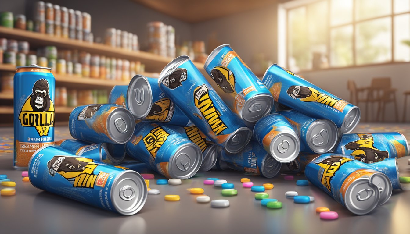 A pile of empty Gorilla Mind Energy Drink cans stacked high, spilling onto the floor