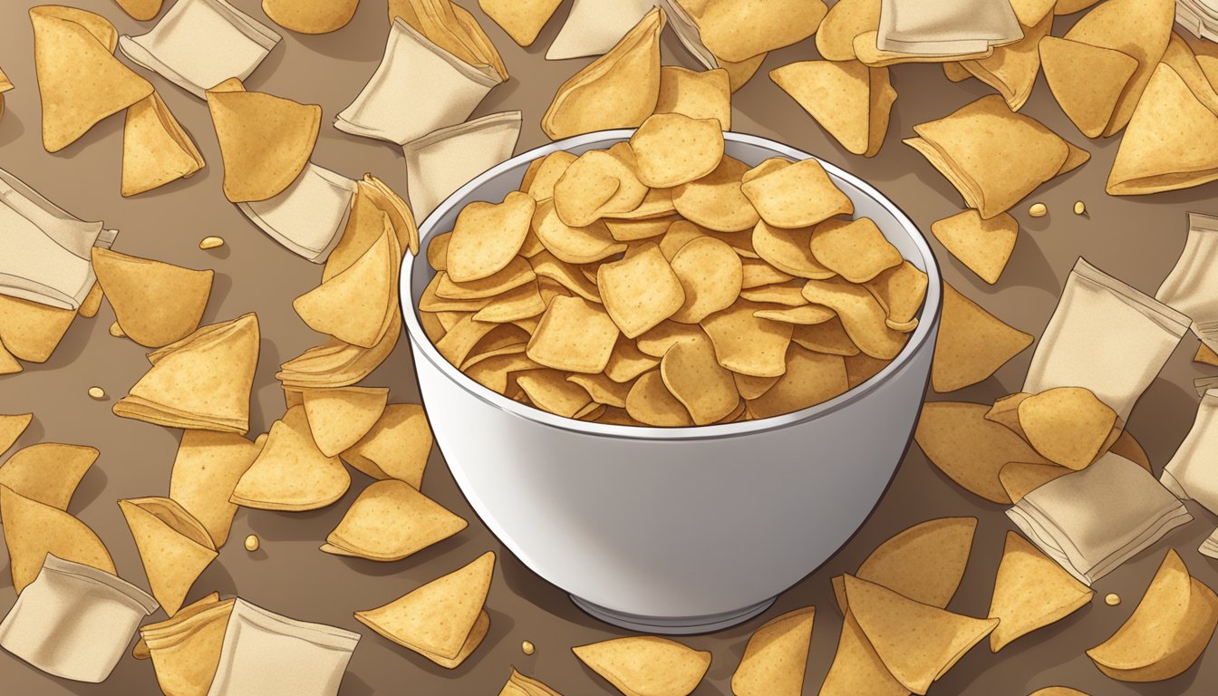 A bowl overflowing with Kibo chickpea chips, surrounded by empty chip bags