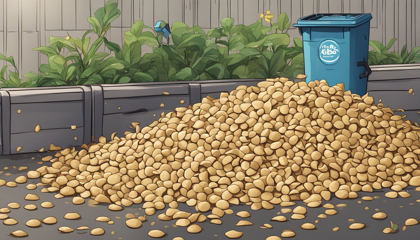 A pile of empty Kibo chickpea chip bags overflowing from a trash can, surrounded by wilting plants and polluted water