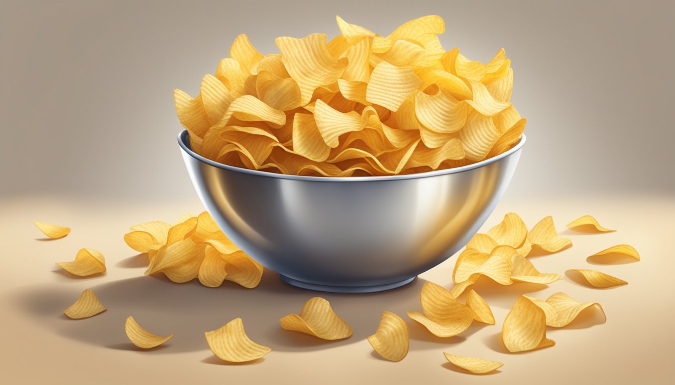 A large bowl overflowing with ruffles potato chips, scattered on a table next to an empty bag