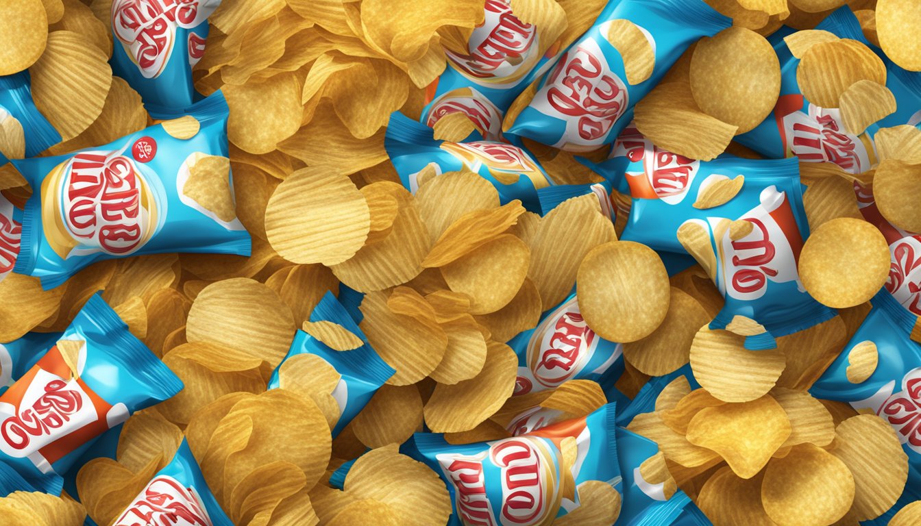 A pile of ruffles potato chips overflowing from a large bowl, surrounded by empty chip bags