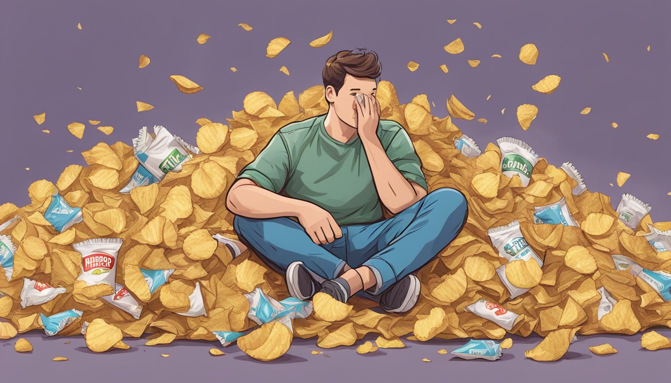 A pile of empty ruffles potato chip bags stacked high, surrounded by discarded chip crumbs and a half-eaten bag, with a concerned person looking at the mess