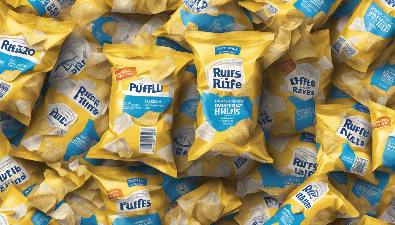 A pile of empty Ruffles potato chip bags towering over a crumpled nutrition label