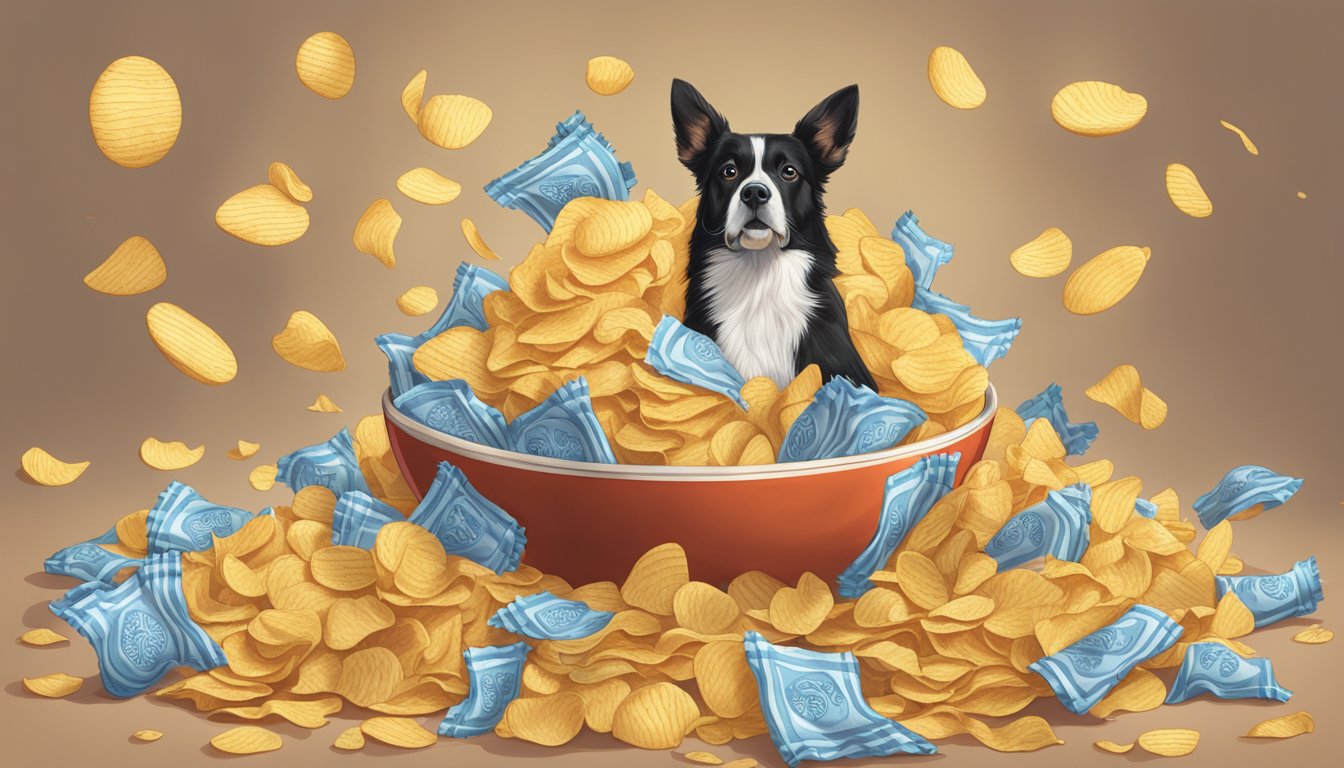 A towering pile of ruffled potato chips spills out of an overflowing bowl, surrounded by empty chip bags and a guilty-looking pet