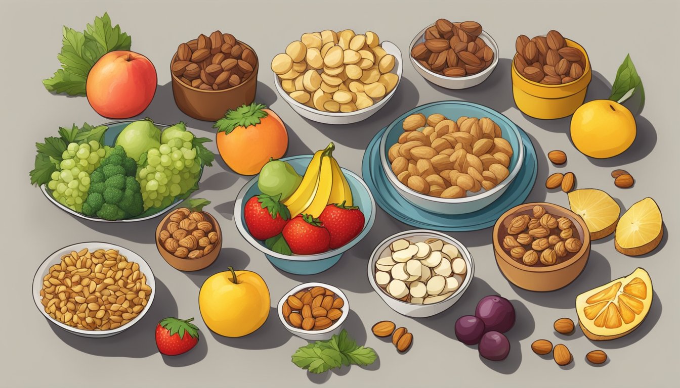 A table with an assortment of healthy snacks, including fruits, nuts, and vegetables, arranged in small serving sizes