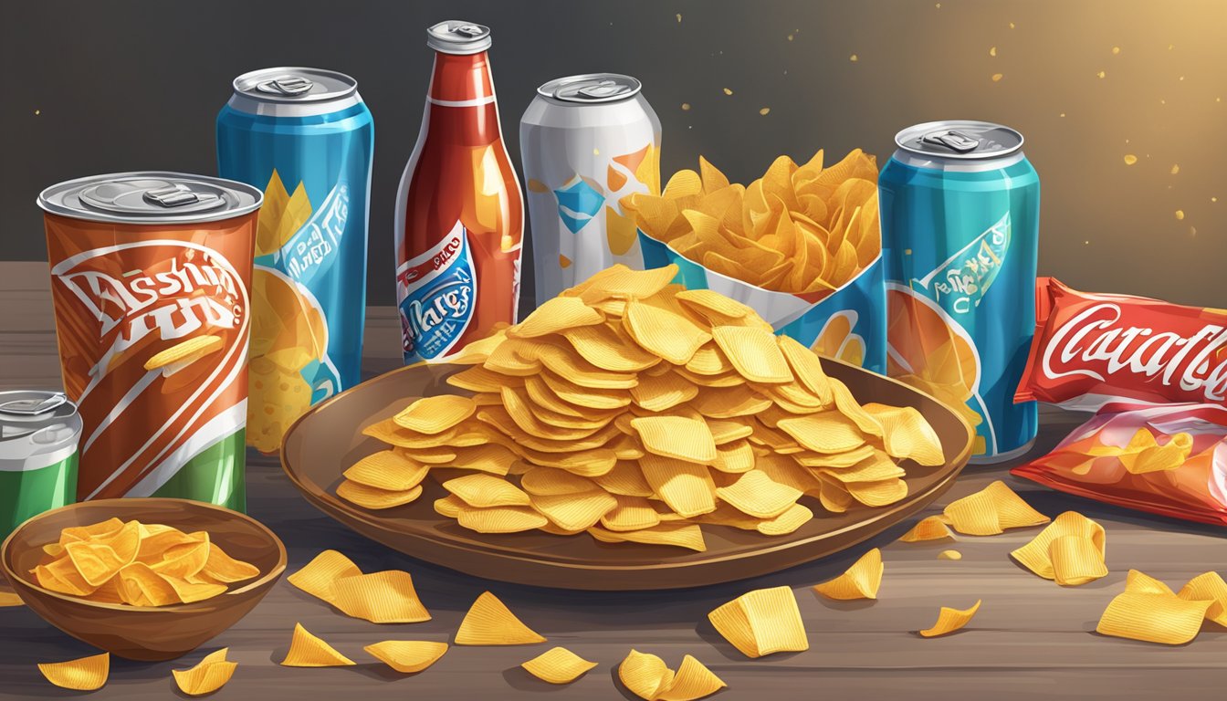 A table overflowing with various snacks, empty wrappers scattered around, a large bag of chips half empty, and a soda can