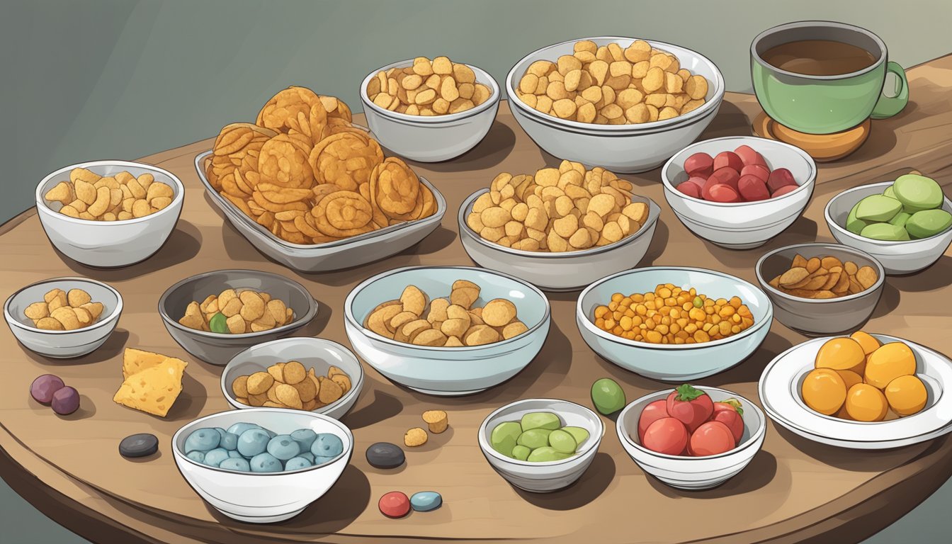 A table with various snacks in small bowls, some empty and some full, with a measuring cup nearby