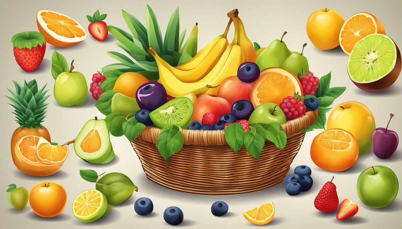 A colorful array of various fruits arranged in a basket, with a mix of whole and sliced fruits to showcase their nutritional benefits