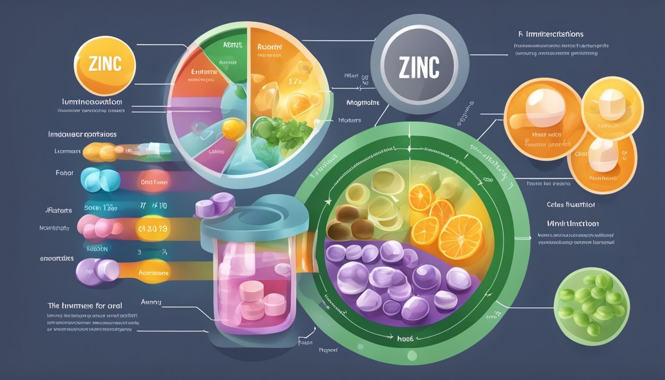 A colorful diagram shows zinc interacting with other nutrients and medications, highlighting the necessary amount for immune function