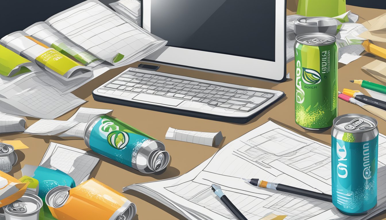 A cluttered table with empty and half-empty cans of Guru organic energy drink, surrounded by scattered papers and a calculator