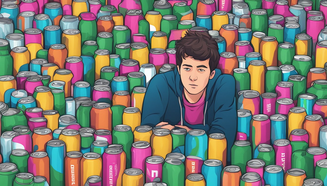 A person surrounded by empty Bang Energy Radical drink cans, looking unwell