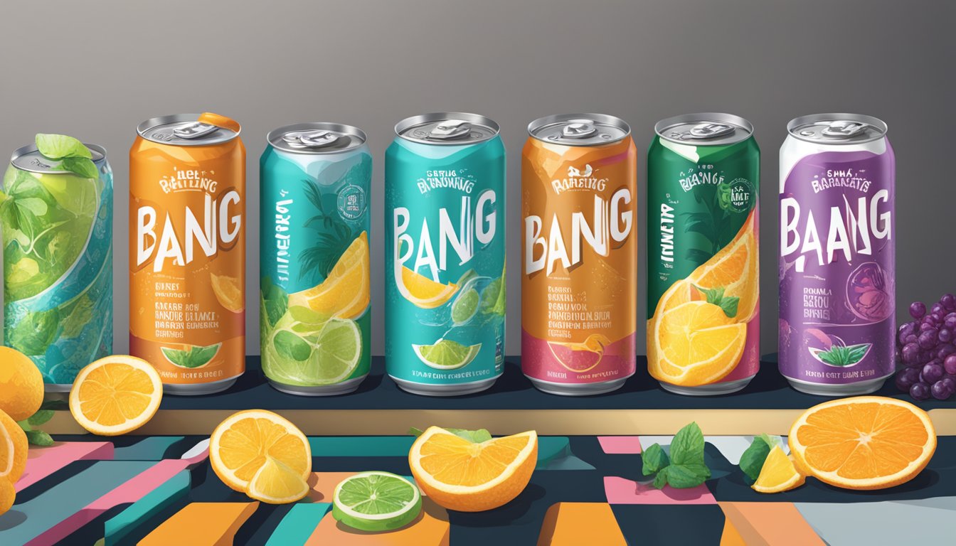 A table with various beverages lined up, including cans of Bang Energy Radical Drink