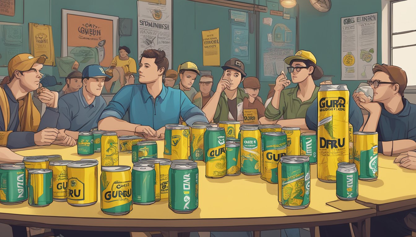 A crowded table with multiple empty cans of Guru organic energy drink, surrounded by caution signs and a concerned onlooker