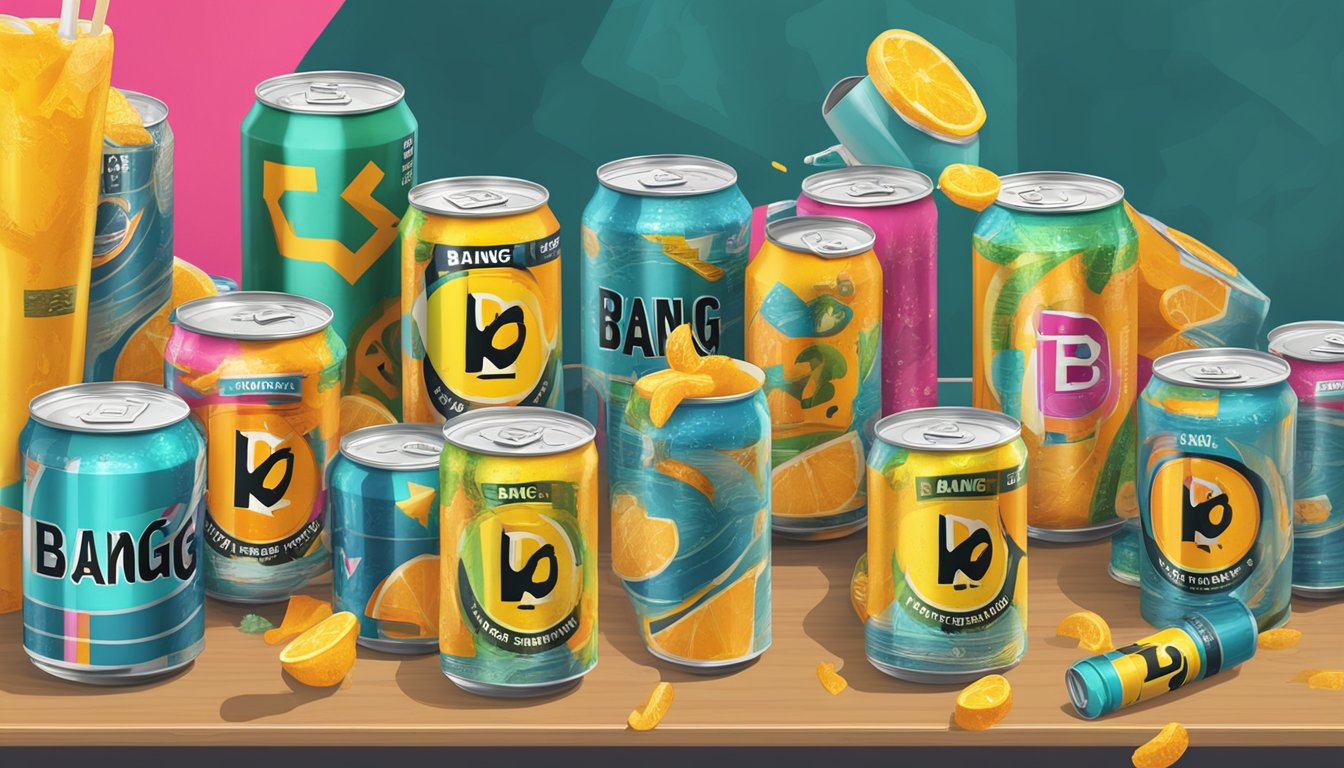 A table with various sized cans of Bang Energy Radical Drink, surrounded by question marks and caution signs