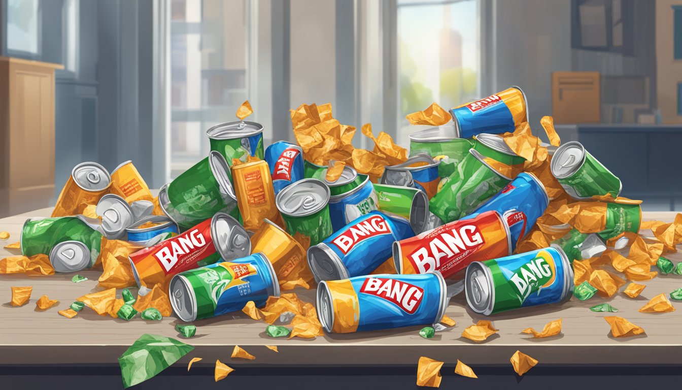 A table with multiple empty cans of Bang Energy Radical drink scattered around, surrounded by crumpled wrappers and an overflowing trash bin