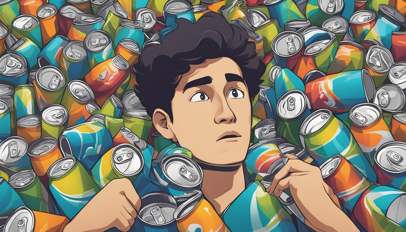 A person surrounded by empty Guru Organic Energy Drink cans, looking overwhelmed