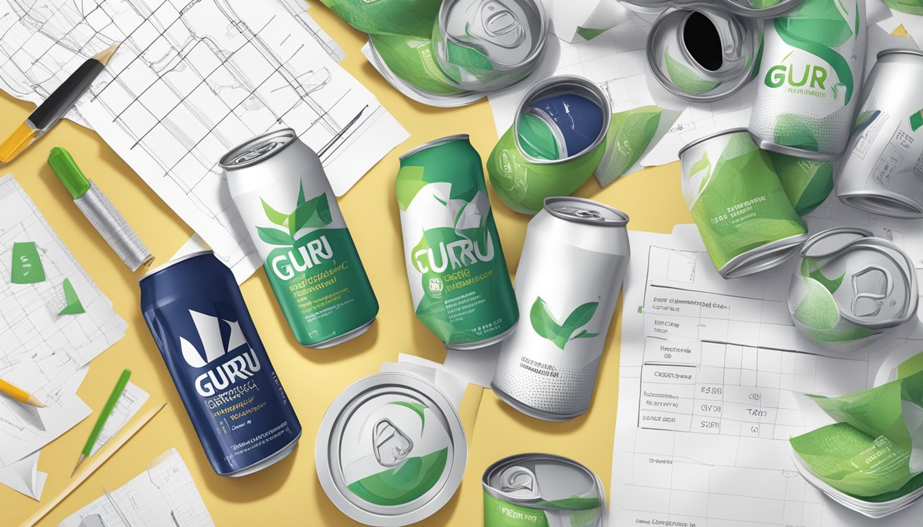 A table with multiple empty cans of Guru organic energy drink, surrounded by scattered papers with calculations and notes