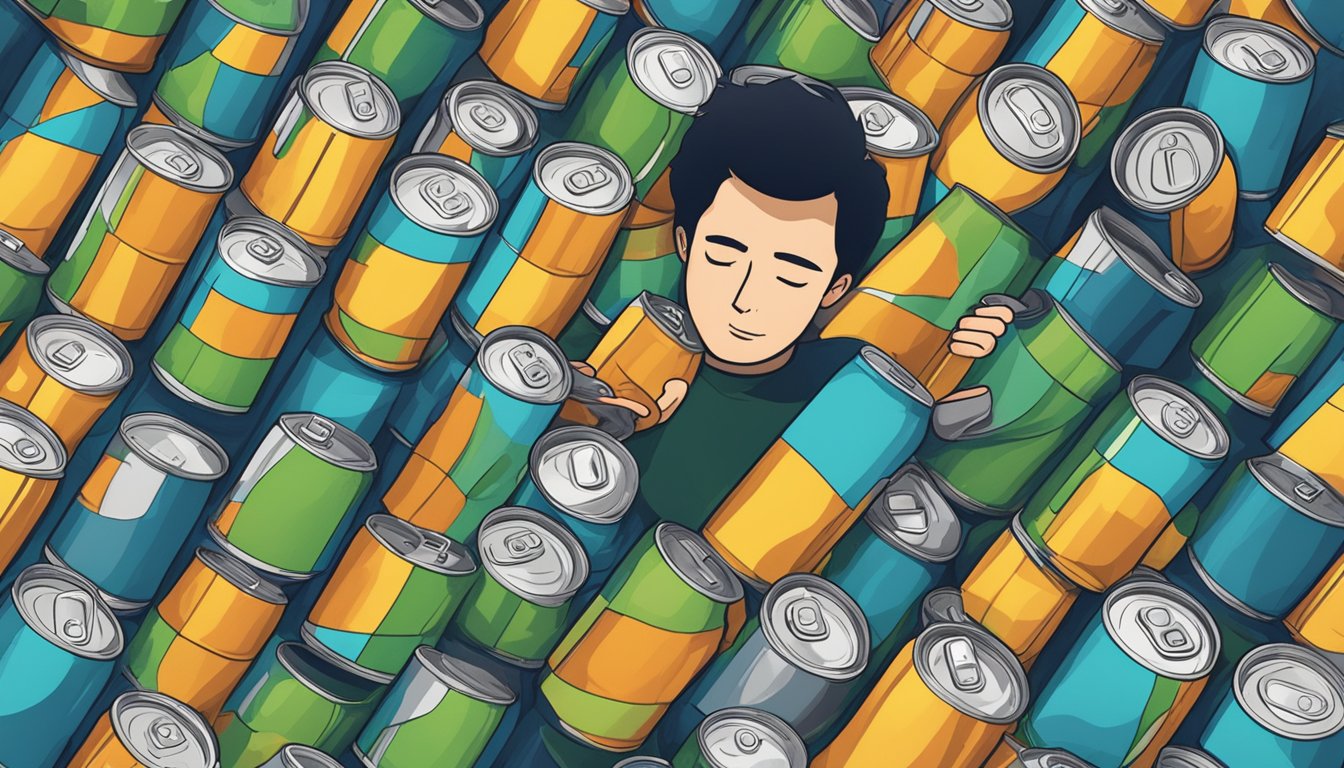 A person surrounded by empty cans of Guru organic energy drink, looking overwhelmed