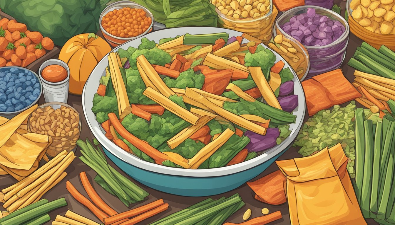 A pile of empty Sensible Portions Veggie Straws bags scattered around a person, surrounded by open bags and a large bowl overflowing with the snacks