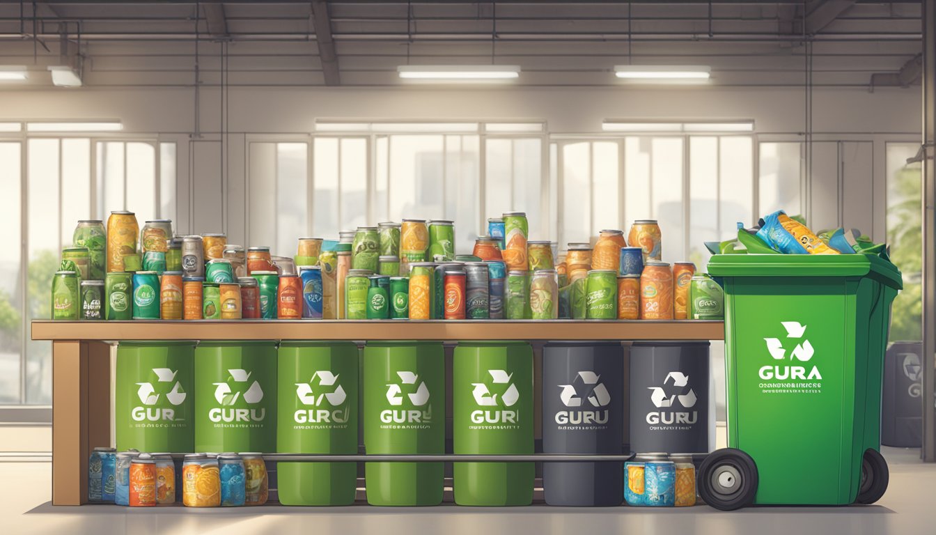 A table with multiple empty cans of Guru organic energy drink, surrounded by recycling bins and a sign promoting ethical consumption