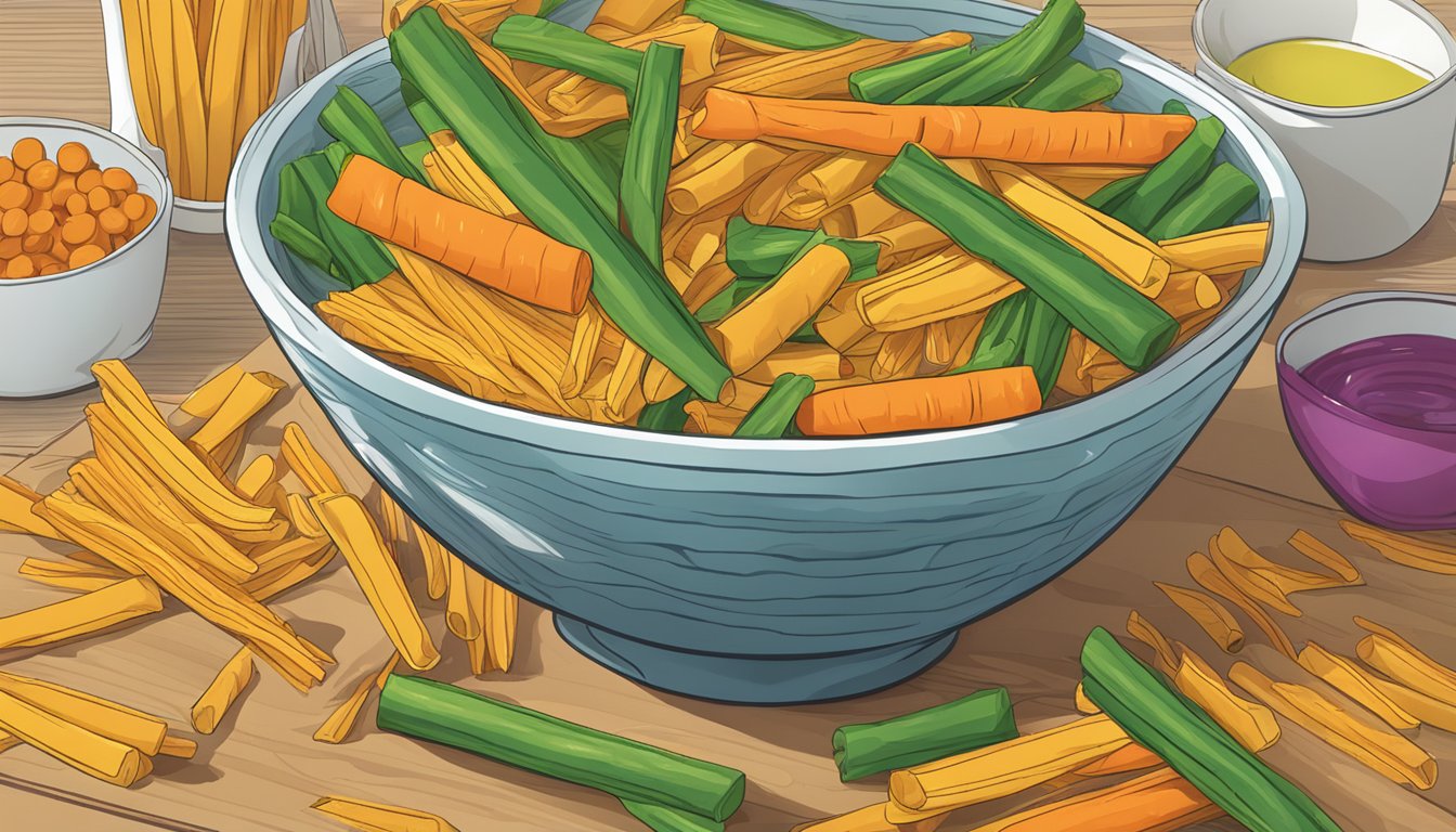 A bowl of veggie straws overflowing onto a table, surrounded by empty bags