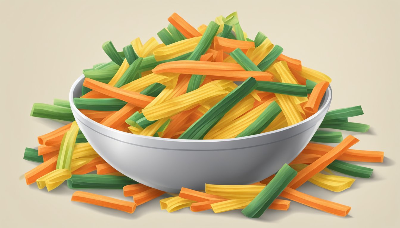 A pile of veggie straws overflowing from a bowl, with a measuring cup nearby