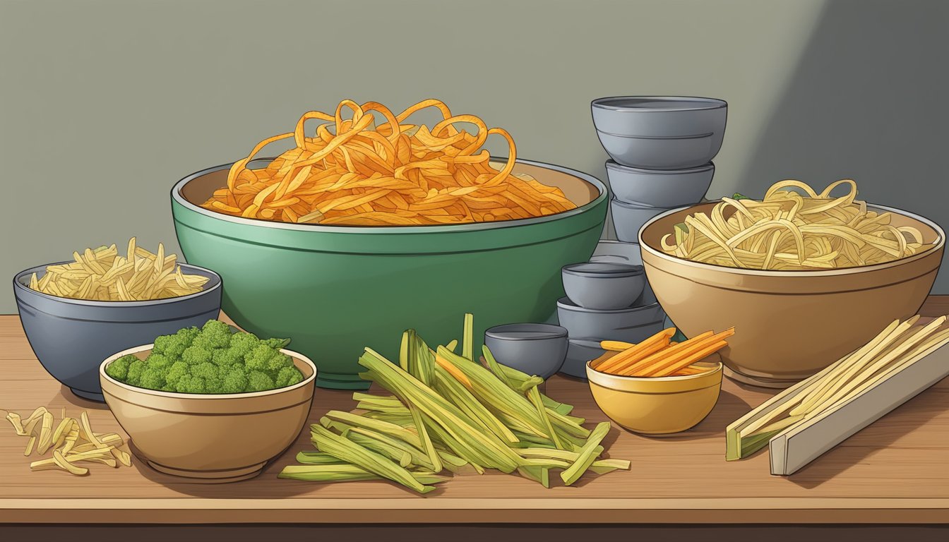 A table with multiple bowls of veggie straws, some overflowing. A scale nearby shows increasing weight