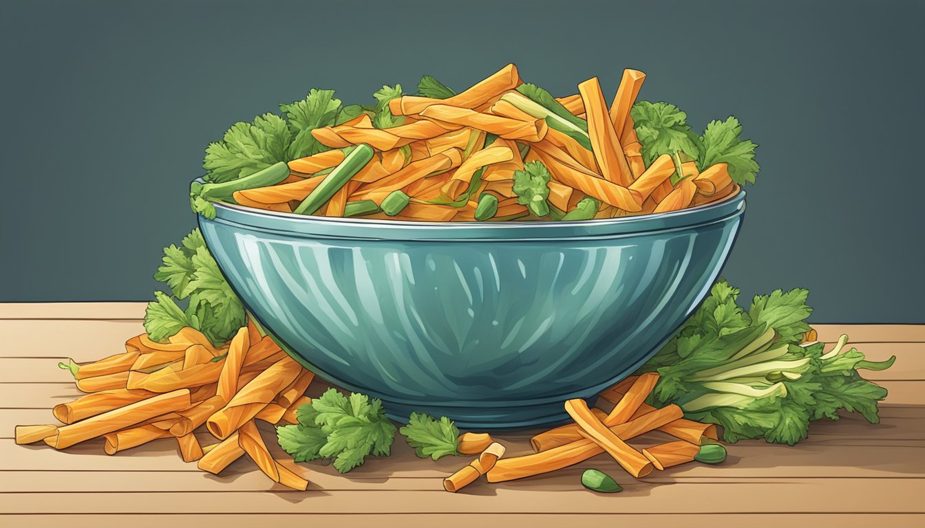 A bowl overflowing with veggie straws, spilling onto the table