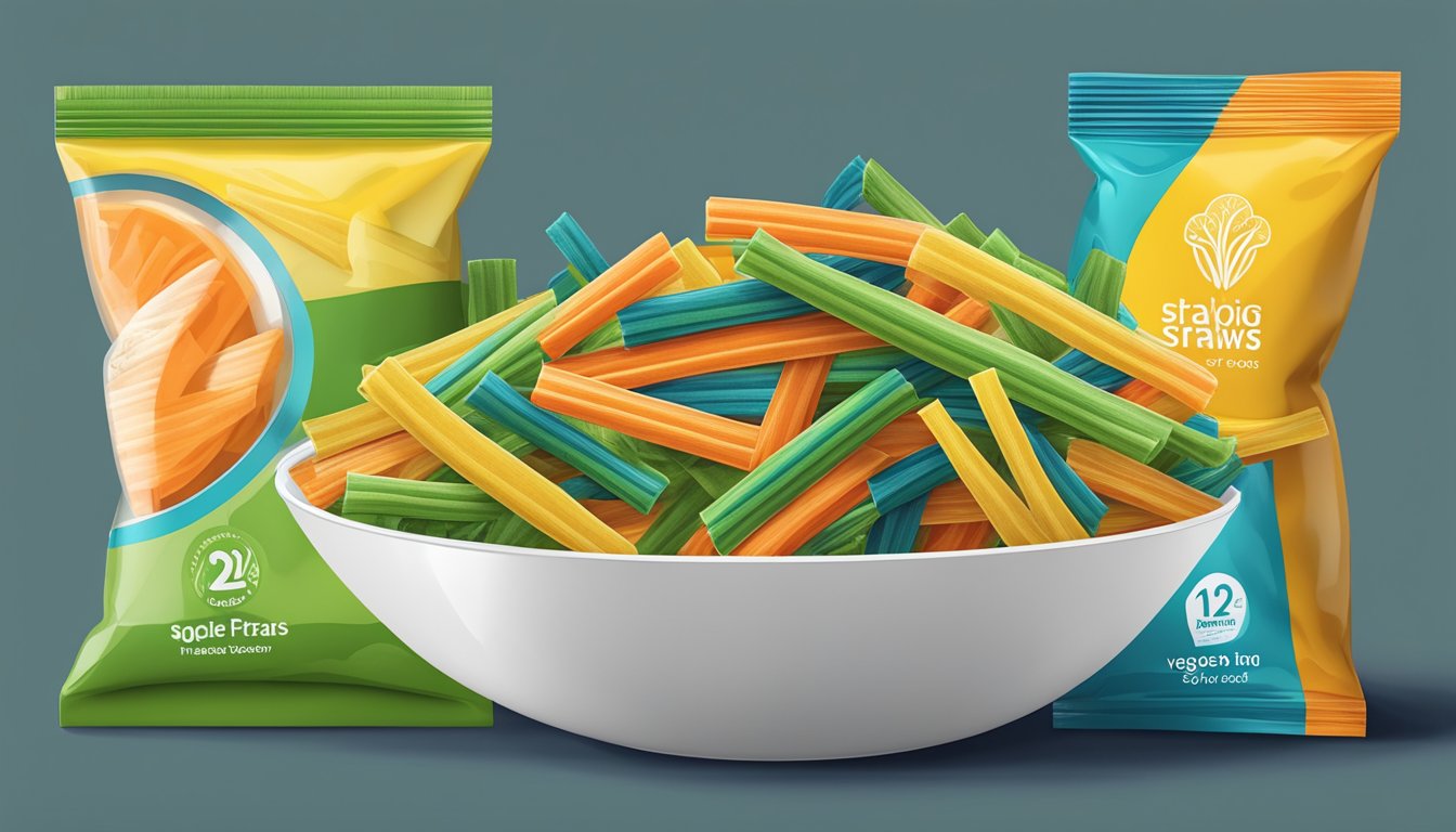 A colorful bag of veggie straws overflowing from a bowl, with a serving size of 12 straws indicated on the packaging