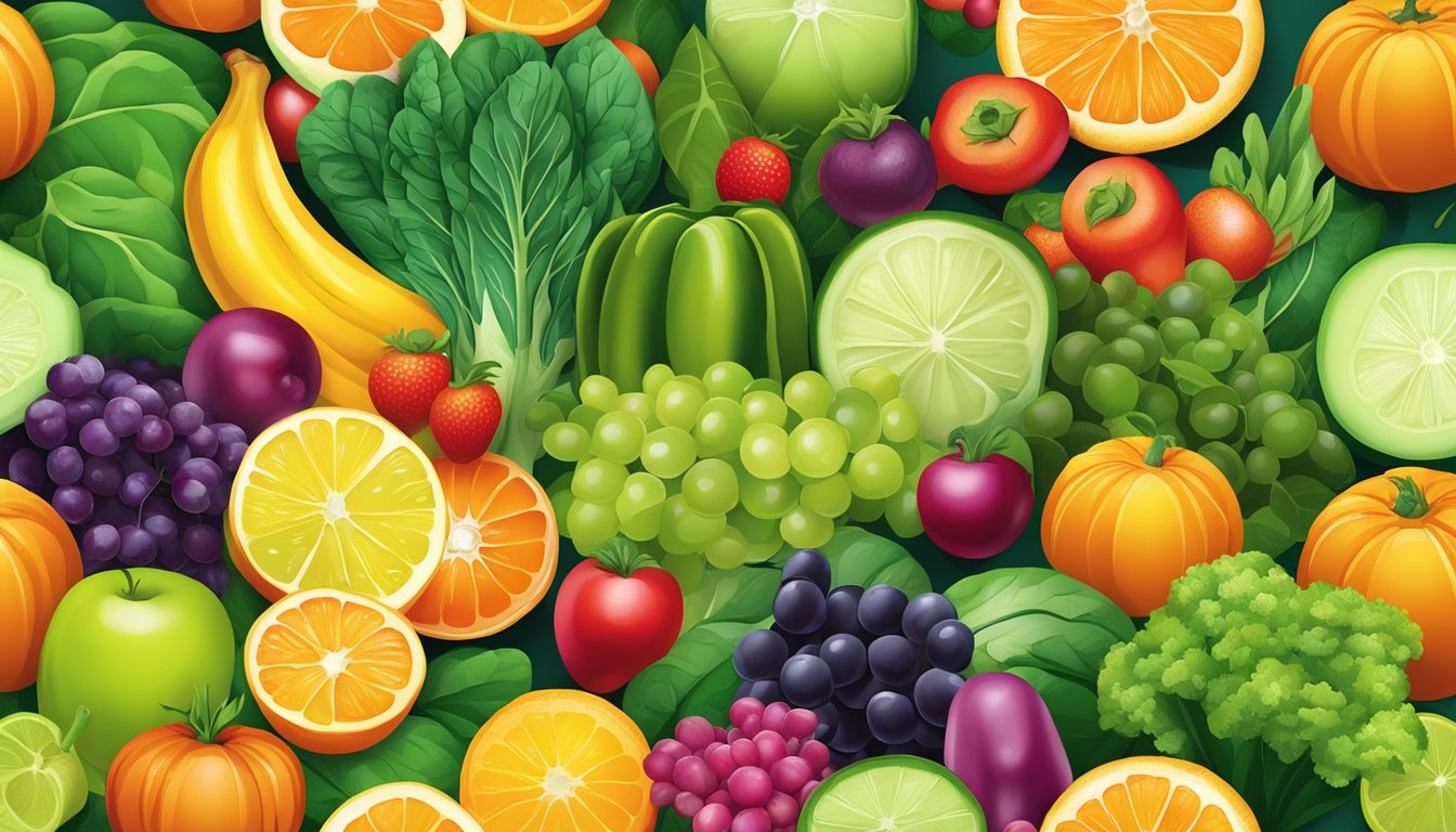 A colorful array of fruits and vegetables, such as leafy greens, citrus fruits, and legumes, arranged in a vibrant and appealing composition