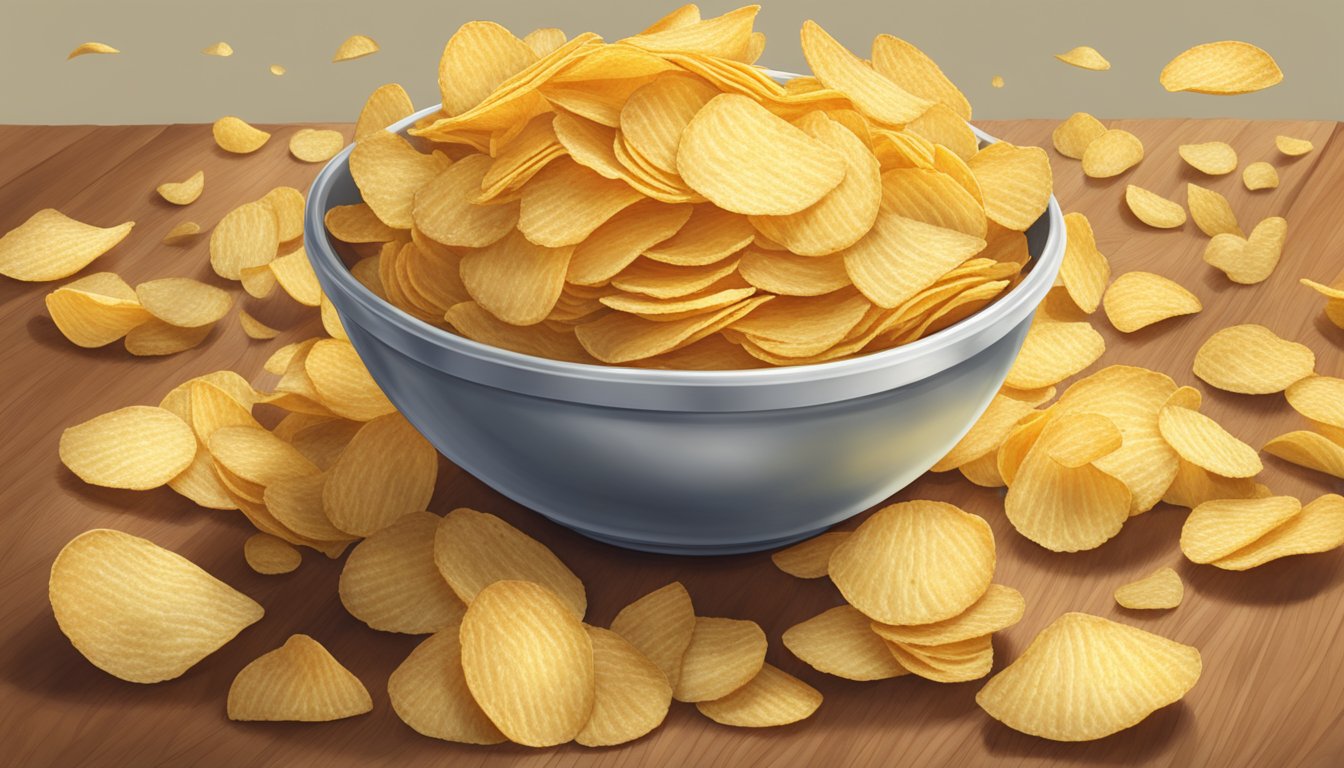 A pile of Miss Vickie's kettle cooked potato chips overflowing from a large bowl onto a table