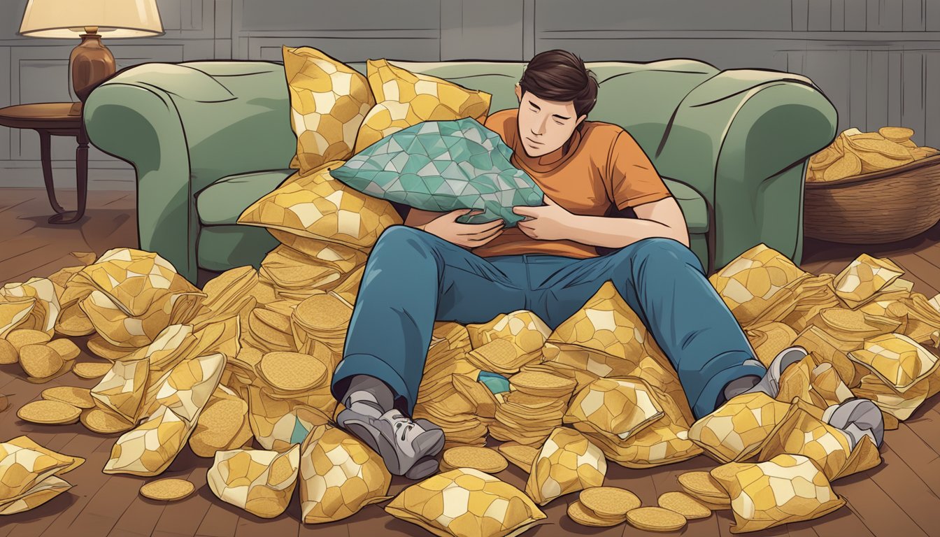 A pile of empty potato chip bags surrounds a person slumped on the couch, surrounded by more bags and a large bowl of chips