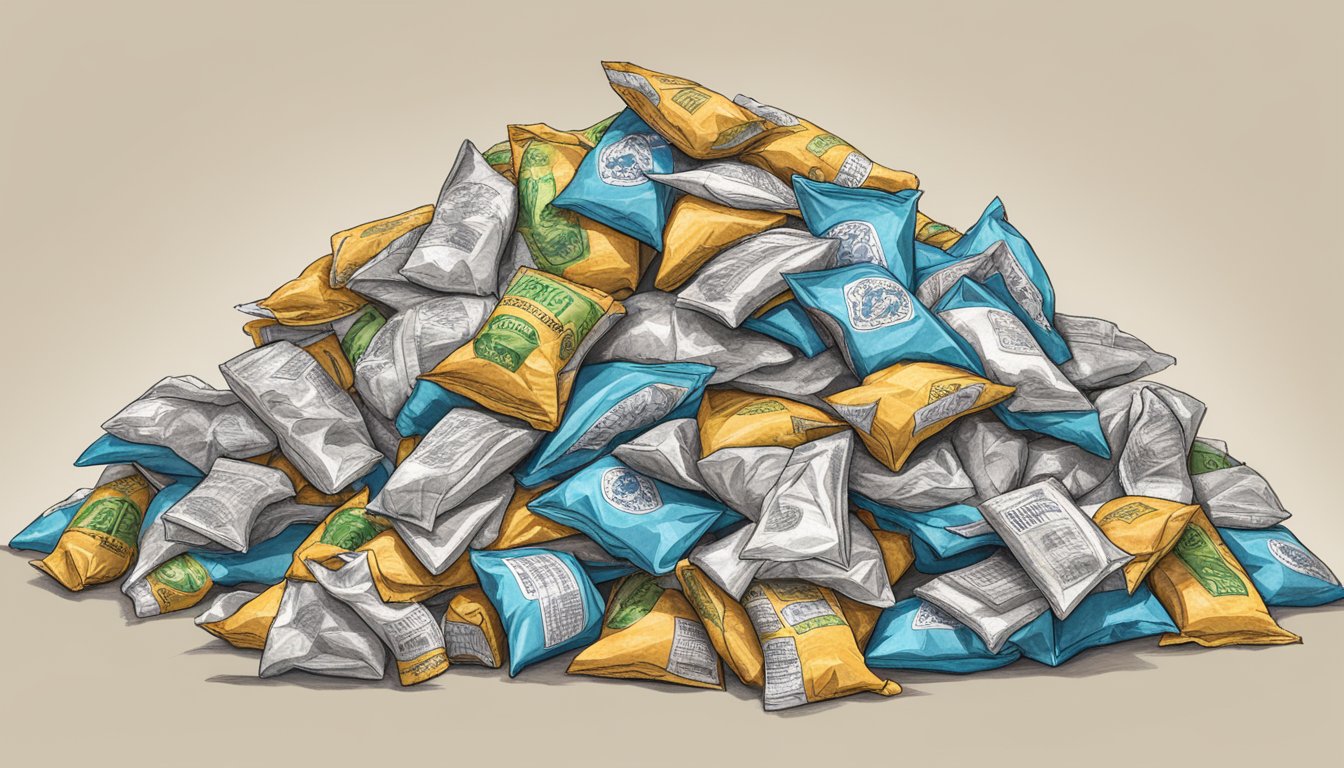 A large pile of empty Miss Vickie's kettle cooked potato chip bags scattered around a crumpled bag, suggesting excessive consumption