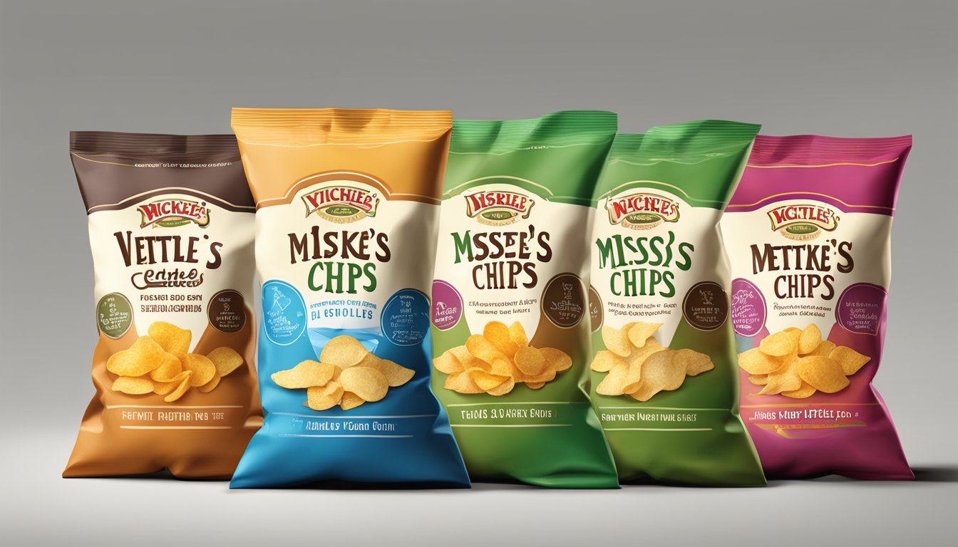 A colorful display of Miss Vickie's kettle cooked potato chips in various flavors and sizes, arranged in an inviting and abundant manner