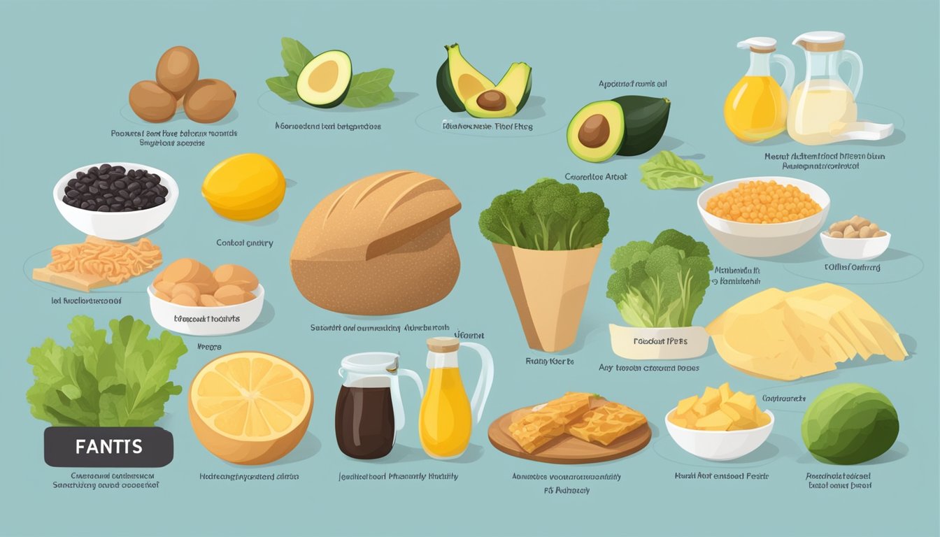 A variety of foods labeled with different fat content, surrounded by myths and facts about healthy fats