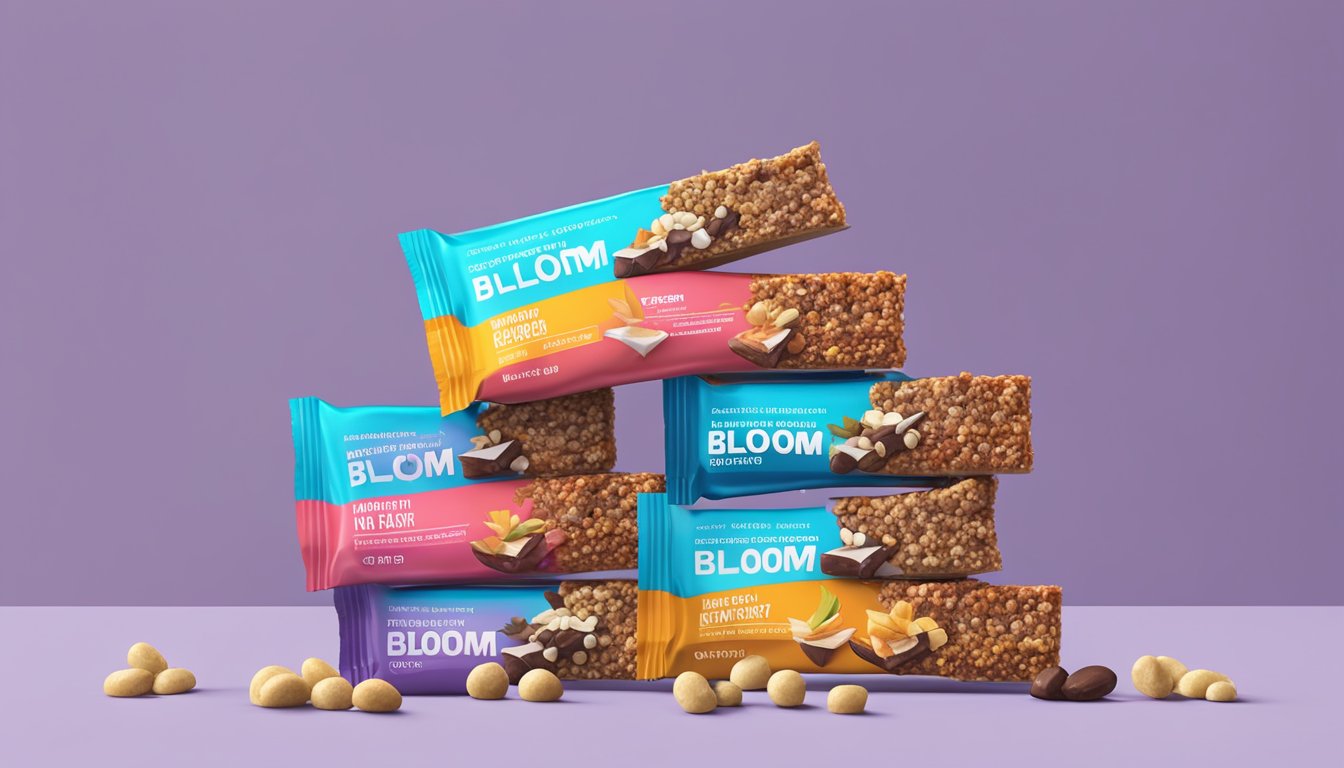 A table with multiple servings of Bloom Nutrition High Energy bars stacked on top of each other