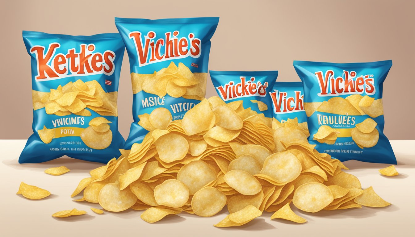 A pile of empty Miss Vickie's Kettle Cooked Potato Chips bags scattered around an open bag, with crumbs and chips spilling out