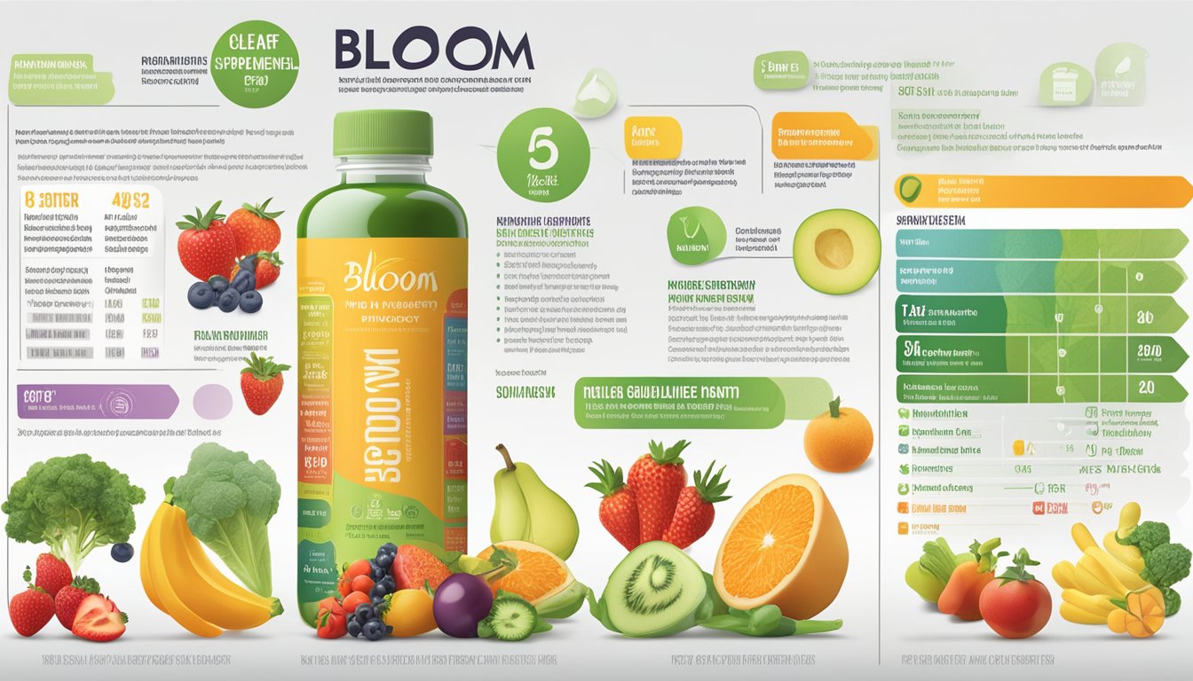 A bottle of Bloom Nutrition High Energy supplement surrounded by various fruits and vegetables, with a clear dosage chart and safety guidelines displayed prominently on the label