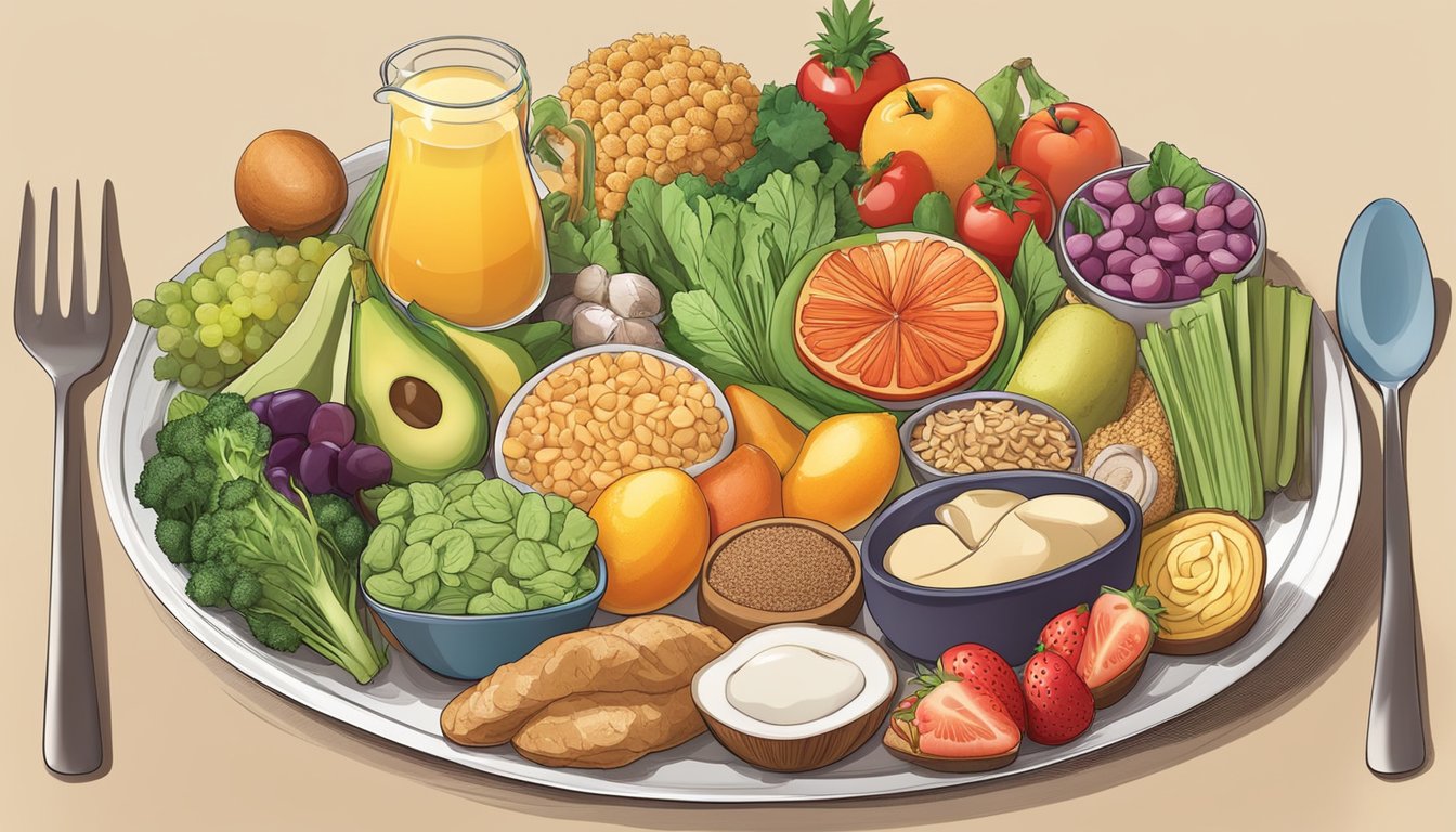 A colorful plate with a variety of foods, including fruits, vegetables, lean proteins, and whole grains, representing a balanced diet with healthy fats