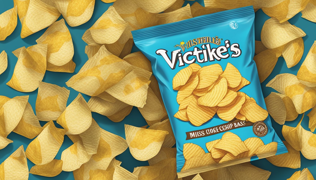 A pile of empty Miss Vickie's kettle cooked potato chip bags scattered around an open bag, with a hand reaching in for more