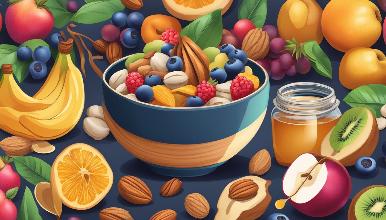 A vibrant, overflowing bowl of assorted fruits and nuts with a jar of honey and a scoop of protein powder, surrounded by energetic imagery