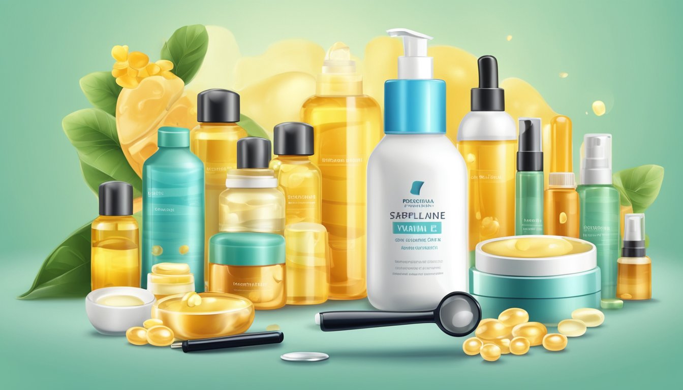 A bottle of vitamin E oil surrounded by various skin care products and a magnifying glass examining a skin cell