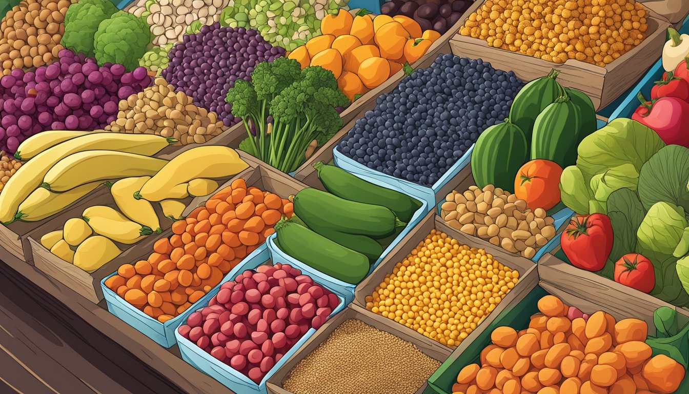 A colorful array of fruits, vegetables, whole grains, and legumes fill a vibrant market stall, showcasing the variety of sources of dietary fiber