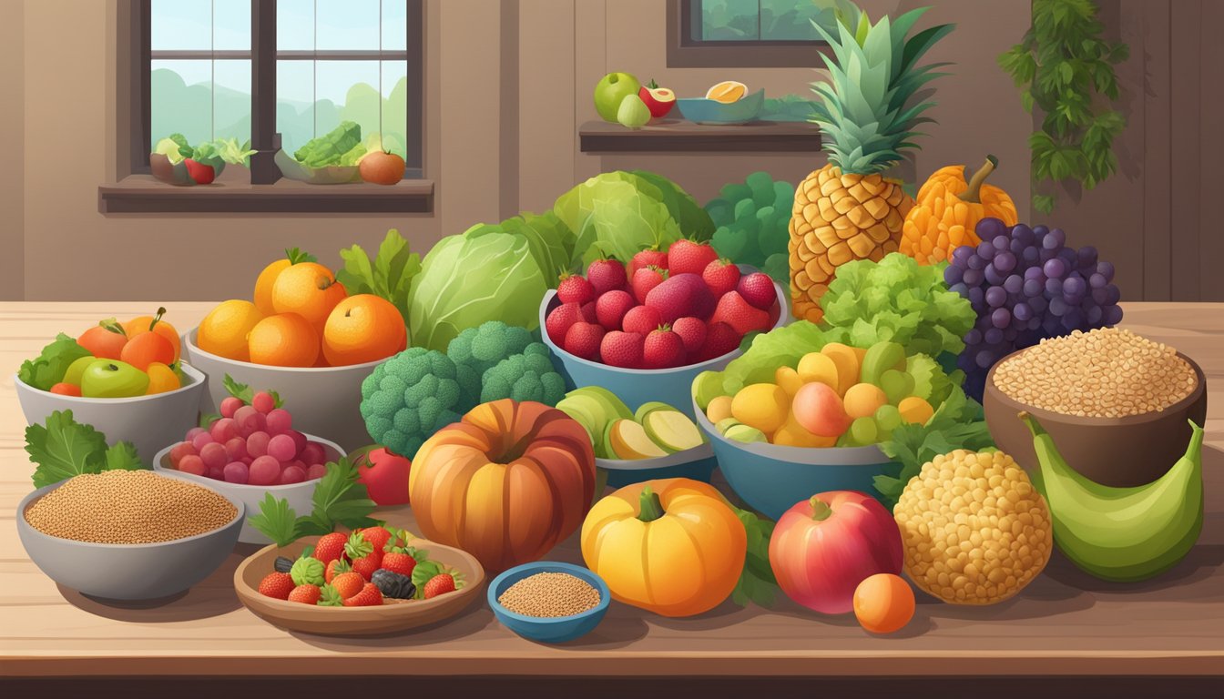 A table filled with colorful fruits, vegetables, and whole grains, with a variety of high-fiber foods on display