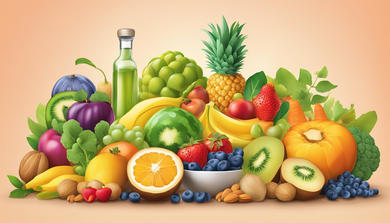 A colorful assortment of fruits, nuts, and vegetables arranged in a vibrant display, showcasing the interplay of various nutrients including vitamin E for skin health